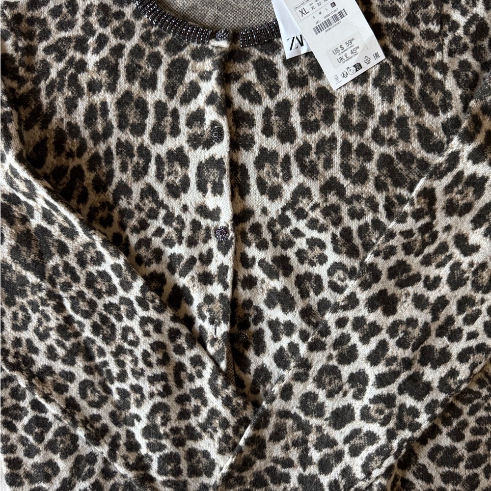 BNWT! ZARA JACQUARD KNIT ANIMAL PRINT JEWELED NECKLINE CARDIGAN